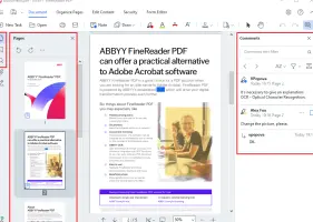 ABBYY FineReader PDF: PDF open with page thumbnails and a comments panel