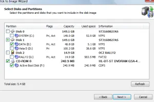 Active Disk Image: Disk imaging wizard showing selectable disks and partitions