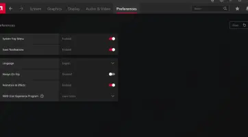 AMD Radeon Software Adrenalin Driver: Radeon preferences showing tray, notification, and language settings