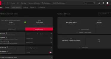 AMD Radeon Software Adrenalin Driver: Radeon software status and hardware overview dashboard