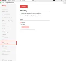 AnyDesk settings menu showing recording options and path selection for screen recordings.