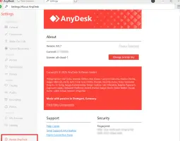 AnyDesk settings page showing version, license information, and copyright details.