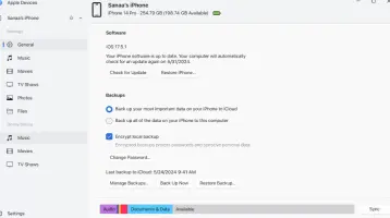 The Apple Devices main window showing the software, backup, and other options.