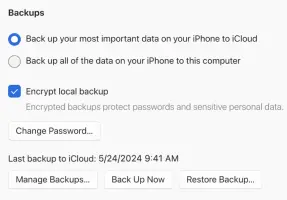 An Apple Devices window showing options for backing up and restoring an Apple device.