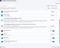 Argente StartUp Manager: Startup items list with enable toggles and sorting controls