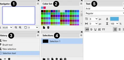 Artweaver: Artweaver navigator, color set, history, selections, and text panels