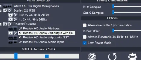 ASIO4ALL: ASIO4ALL device list and audio buffer settings