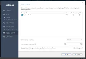 Auslogics Duplicate File Finder: Rescue Center backup and recovery settings