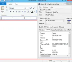 AutoIt: AutoIt Window Info displaying WordPad window and control properties