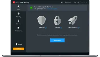 Avira Free Security: Avira Free Security dashboard with security, privacy, performance, and smart scan options