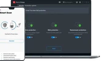 Avira Free Security: Avira protection options beside a phone showing a smart scan