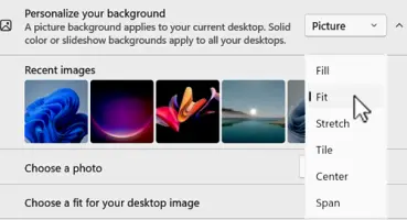 Screenshot of personalize desktop fit an image choices.