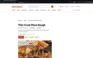Brave Browser: Brave displays an Allrecipes thin-crust pizza dough recipe