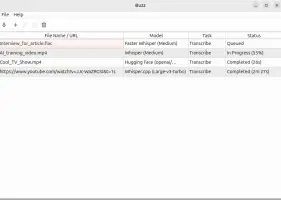 Buzz Captions: Transcription queue showing files, Whisper models, tasks, and statuses