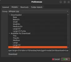 Buzz Captions: Preferences window showing Whisper model options and downloads