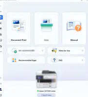 Canon Inkjet Smart Connect: Home screen with document printing, scanning, help, and printer controls