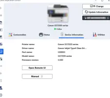 Canon Inkjet Smart Connect: Printer device information page with status, consumables, and utility tabs