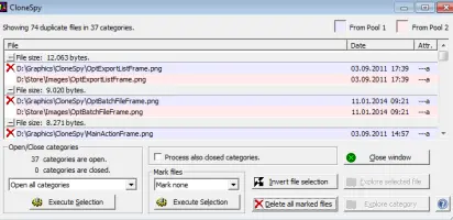 CloneSpy: Duplicate file categories with file lists and marking controls