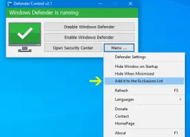 Defender control menu