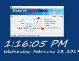 DesktopDigitalClock: Desktop Digital Clock settings window above a large clock display