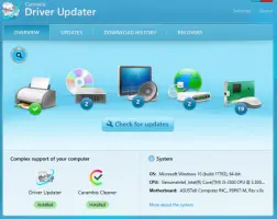 Driver Updater: Driver Updater overview with device categories and system information