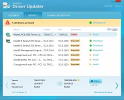 Driver Updater: Driver updates list with versions, importance, and install options