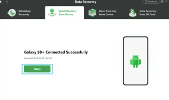 DroidKit: Quick Recovery screen showing a connected Galaxy S8+ and Start button