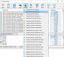 DupScout: Duplicate file list with search categories menu open