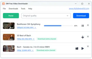 DW Free Video Downloader: Video download list with quality settings and download progress