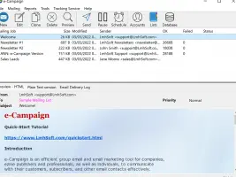 e-Campaign: e-Campaign main window showing mailing lists and an email preview