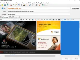 e-Campaign: Message composer displaying a formatted email with promotional content
