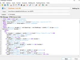 e-Campaign: Message composer showing the email’s HTML source code