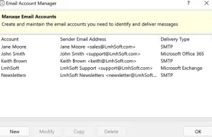 e-Campaign: Email account manager listing accounts and delivery types