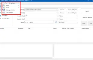 FileSeek: Search screen with the Profiles menu open
