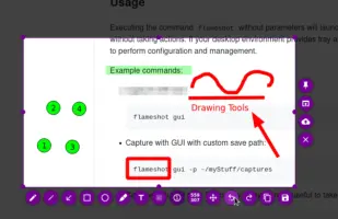 Flameshot: Selected documentation area annotated with drawing tools