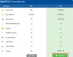 Folder Lock: Free and Pro subscription feature comparison