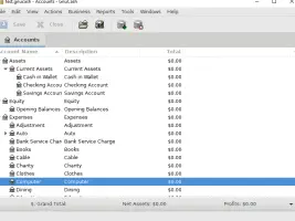 GnuCash Portable: GnuCash account list showing assets, expenses, and account balances