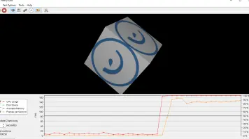 HeavyLoad: Rotating cube display above CPU, disk, and memory usage graphs