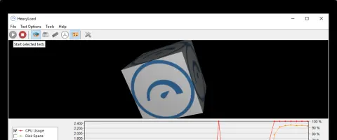 HeavyLoad: HeavyLoad main window with rotating cube, test controls, and graph