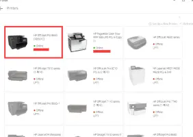 HP Smart: Printer list showing connected and offline printers