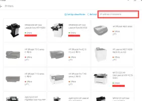 HP Smart: Printer list with IP address search field