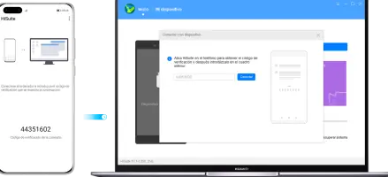 HUAWEI HiSuite: HiSuite device connection window showing a phone verification code