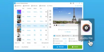 IceCream Slideshow Maker: Slideshow project with an Eiffel Tower preview and audio controls