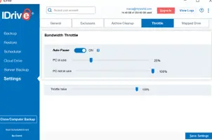 iDrive: Bandwidth throttling settings with auto-pause and usage sliders