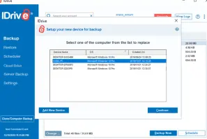 iDrive: Device replacement dialog listing computers for backup