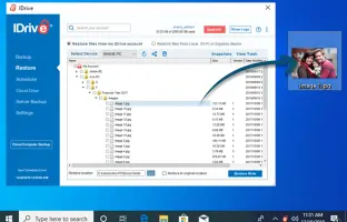 iDrive: Restore interface showing backed-up files and restore options