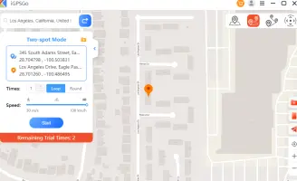 iGPSGo: Two-stop mode with route settings and a map
