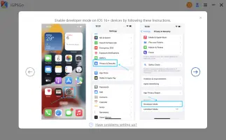 iGPSGo: Developer mode setup instructions displayed in an iGPSGo dialog