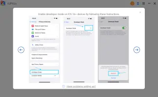 iGPSGo: Developer mode setup instructions displayed in an iGPSGo dialog