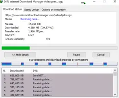 Internet Download Manager: Download progress dialog showing transfer details and connection activity